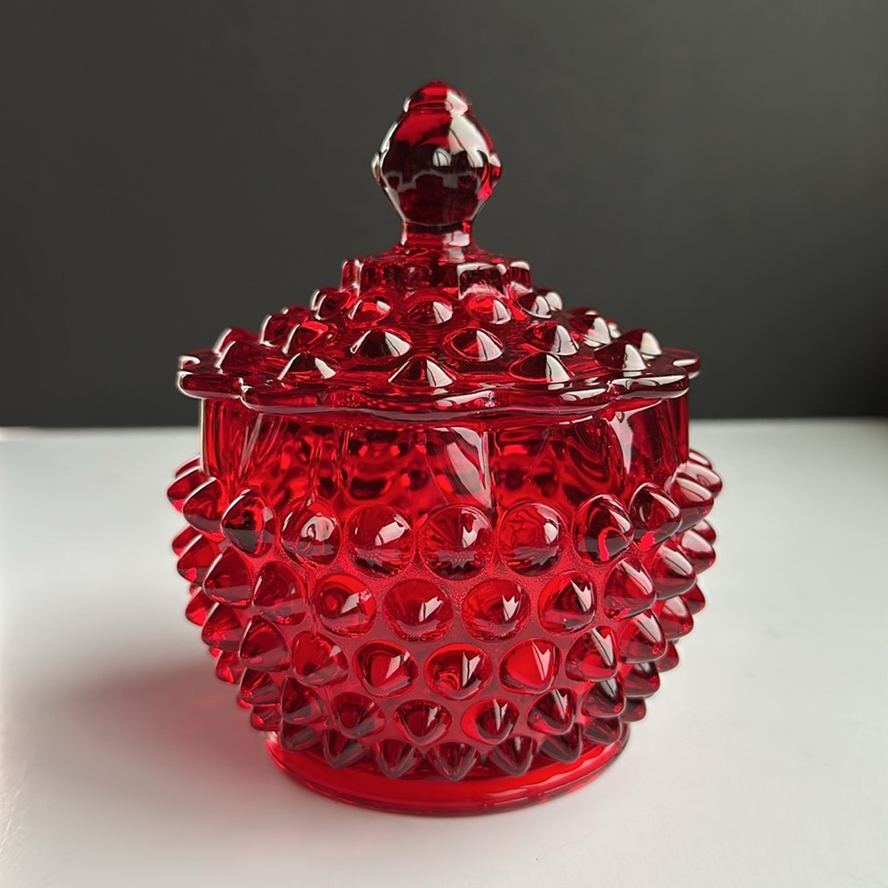 FENTON Scarce HTF Ruby Red Hobnail Glass Candy Dish Vanity Jar & Lid PRISTINE